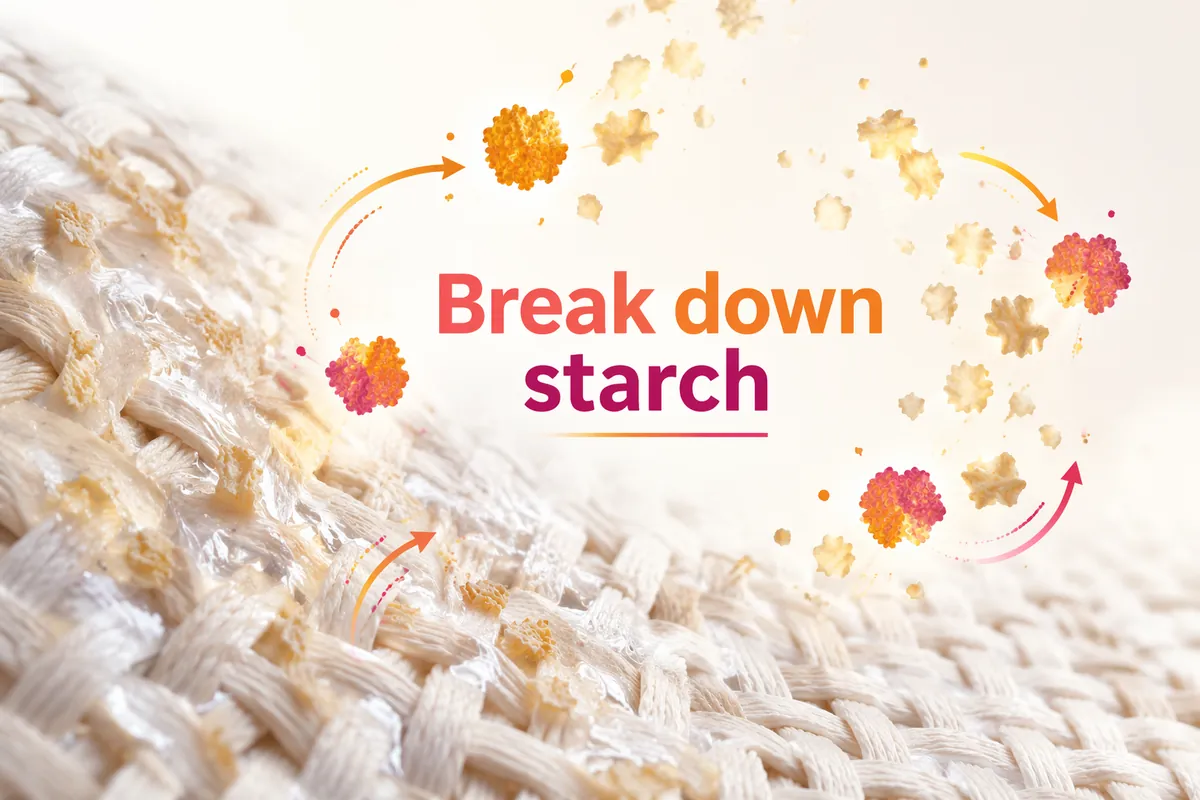 Illustration of amylase enzyme breaking starch size off a woven cotton surface during desizing